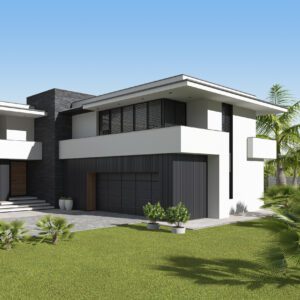 Stylish architecture featuring flat roofs and greenery