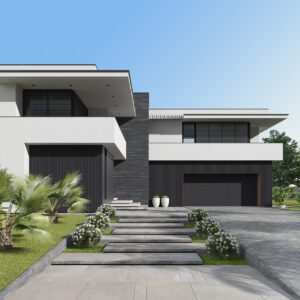 Sleek architectural design with garden pathway